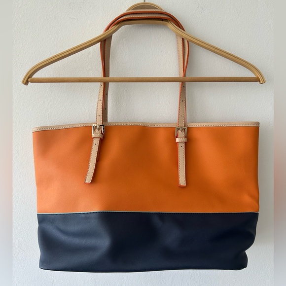 NWOT Spartina 449 Orange Navy Blue Tote Bag with Multi-color Silky Lining - Picture 2 of 15